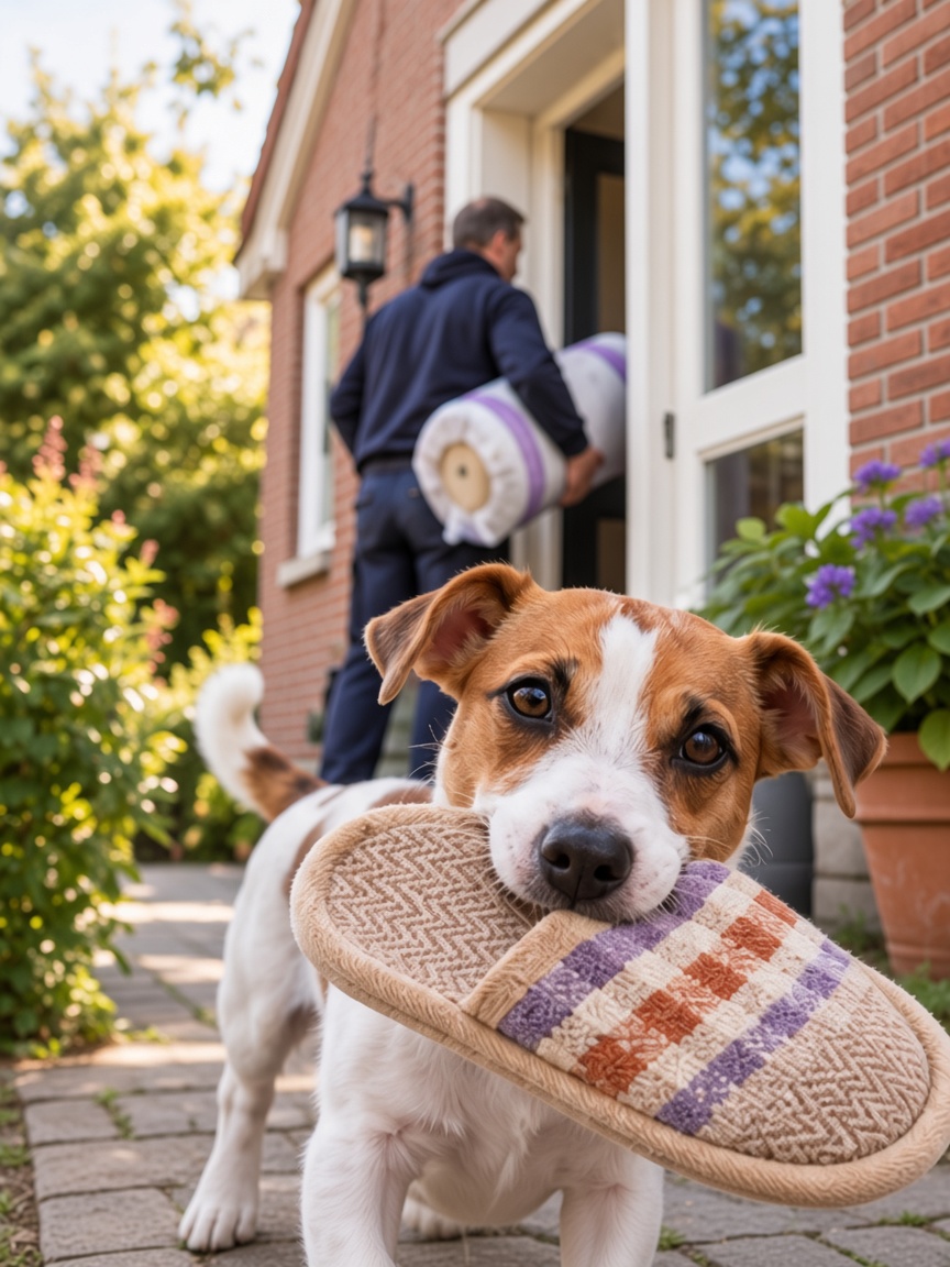 Hond met een pantoffel in huis